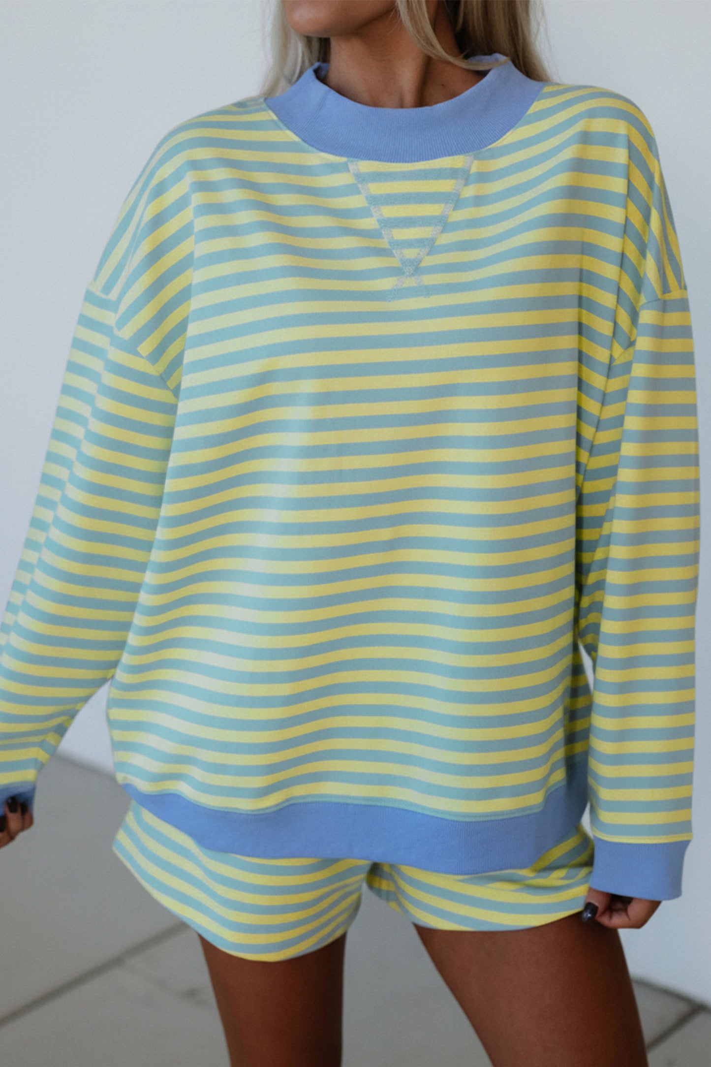Yellow Stripe Color Block Detail Long Sleeve Pullover Elastic Waist Pull On Shorts 2pcs Set-Two Piece Sets/Short Sets-[Adult]-[Female]-Yellow Stripe-S-2022 Online Blue Zone Planet