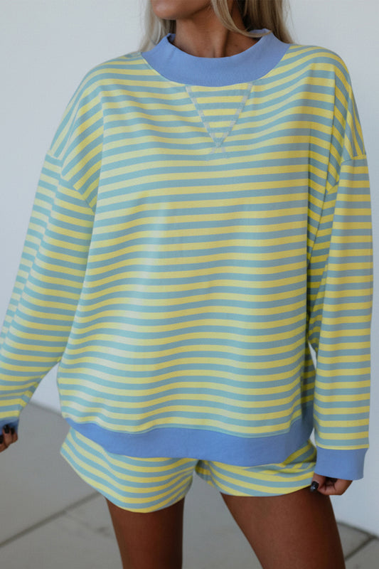 Yellow Stripe Color Block Detail Long Sleeve Pullover Elastic Waist Pull On Shorts 2pcs Set-Two Piece Sets/Short Sets-[Adult]-[Female]-Yellow Stripe-S-2022 Online Blue Zone Planet