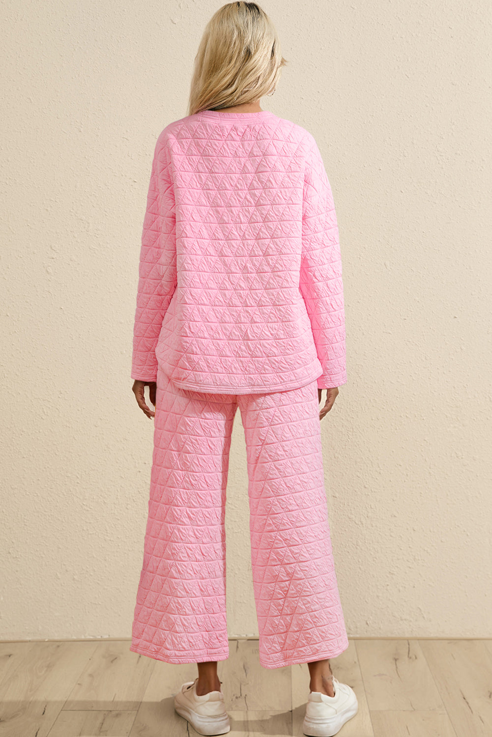 Pink Solid Quilted Pullover and Pants Outfit-Two Piece Sets/Pant Sets-[Adult]-[Female]-2022 Online Blue Zone Planet