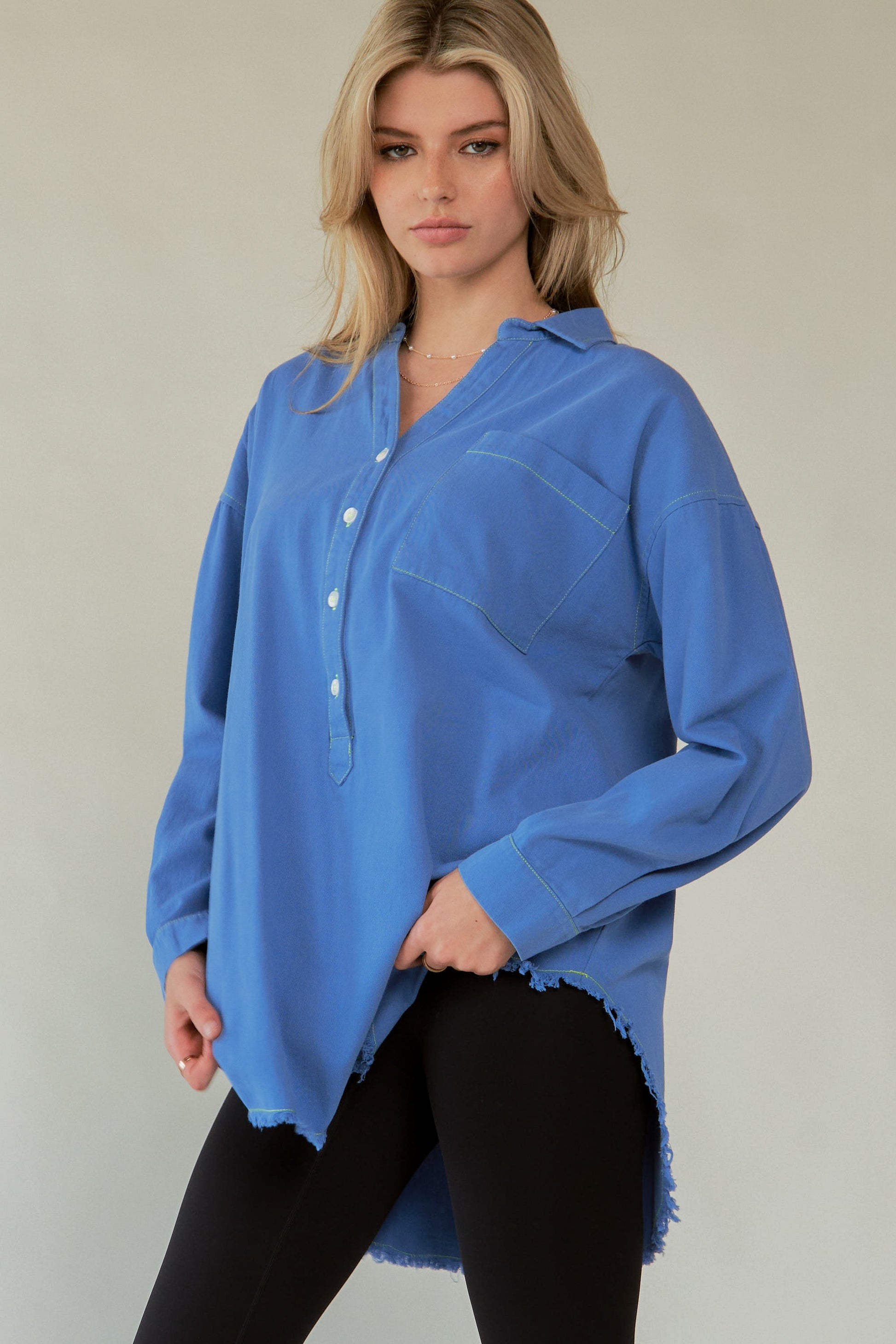 Davi & Dani Letter Back Raw Hem Half Button Shirt-TOPS / DRESSES-[Adult]-[Female]-2022 Online Blue Zone Planet