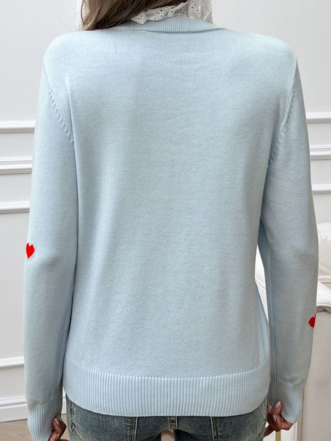 Lace Detail Heart Long Sleeve Sweater-TOPS / DRESSES-[Adult]-[Female]-2022 Online Blue Zone Planet