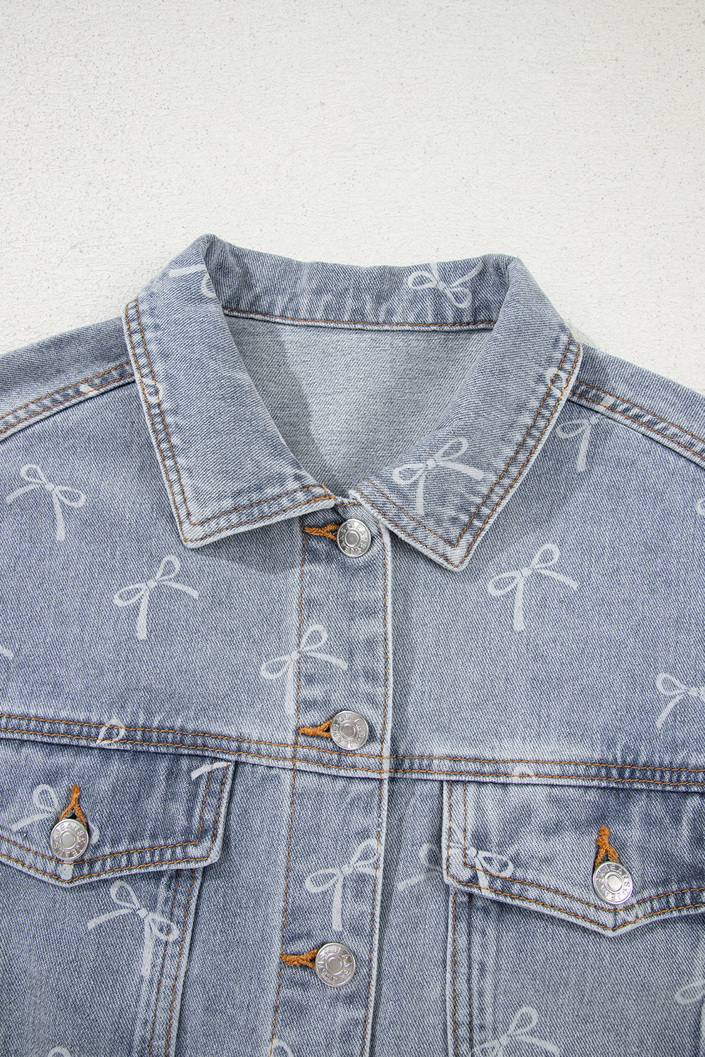 Sky Blue Bow Knot Print Light Wash Raw Hem Denim Jacket-Outerwear/Denim jackets-[Adult]-[Female]-2022 Online Blue Zone Planet