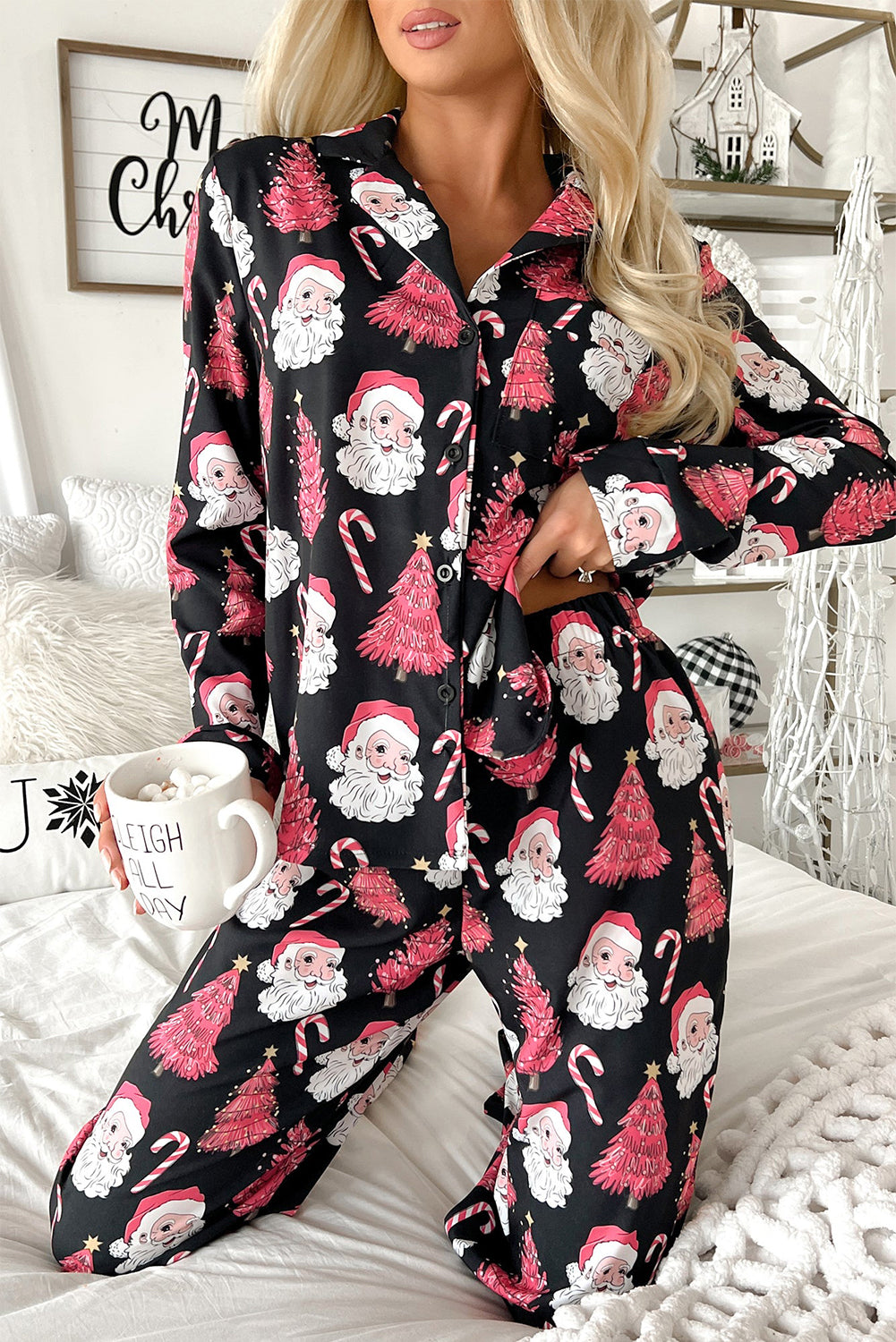 Black Christmas Santa Printed Two Piece Pajamas Set-Loungewear & Sleepwear/Sleepwear-[Adult]-[Female]-2022 Online Blue Zone Planet