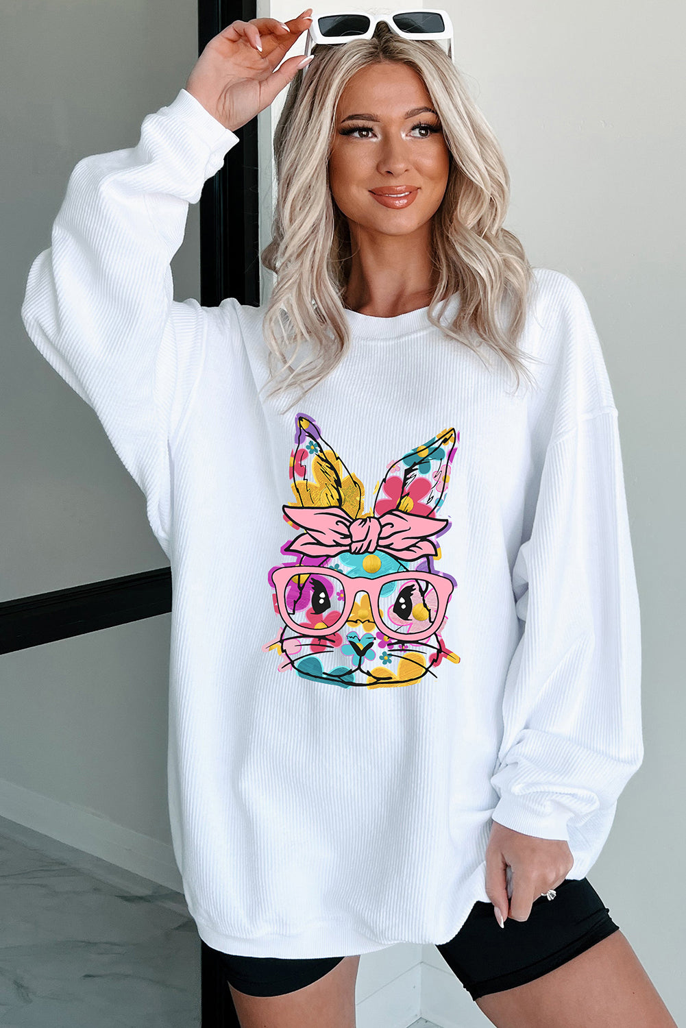White Floral Rabbit with Glasses Graphic Corded Easter Sweatshirt-Graphic/Graphic Sweatshirts-[Adult]-[Female]-2022 Online Blue Zone Planet