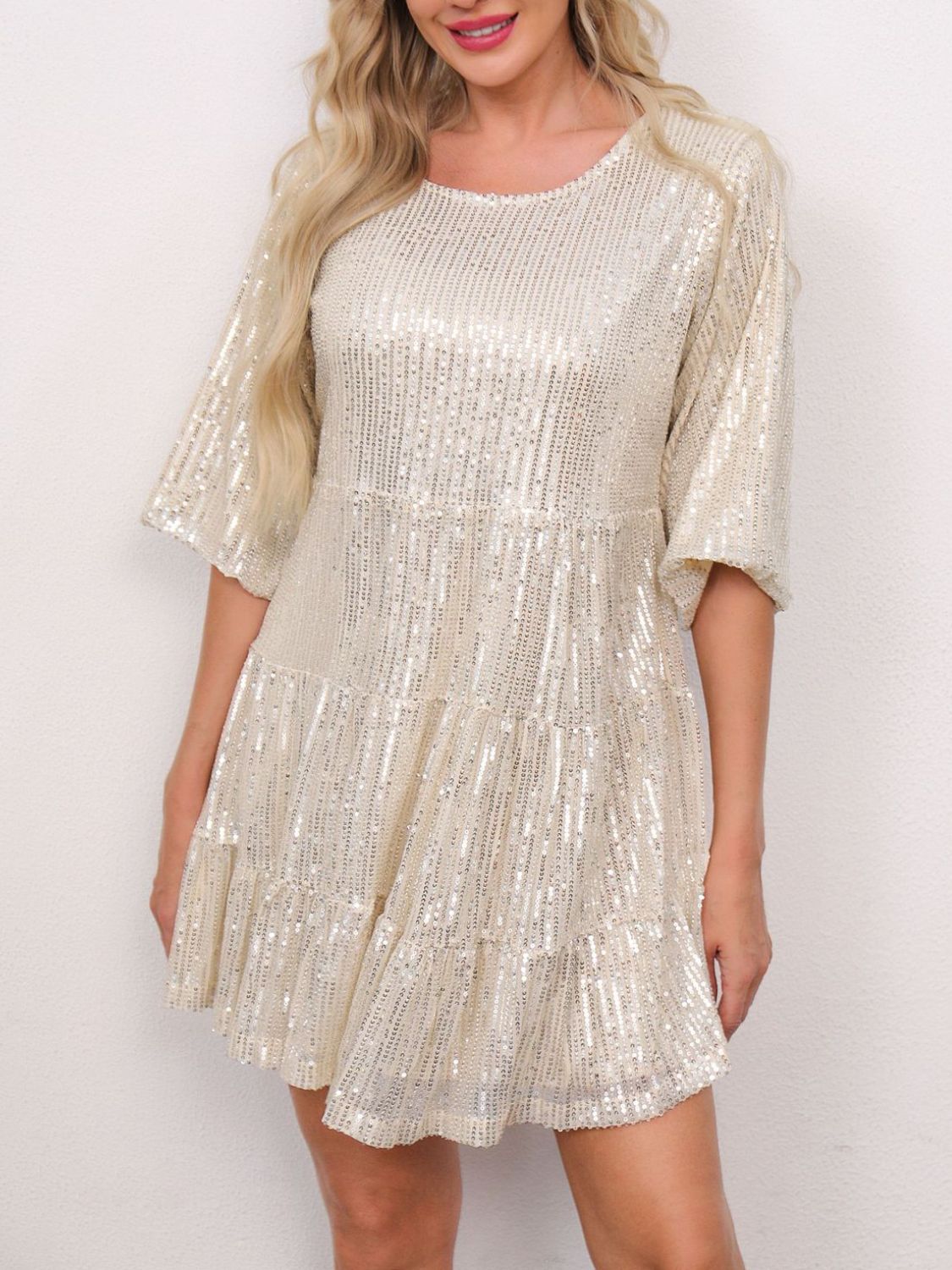 Sequin Round Neck Half Sleeve Mini Dress-TOPS / DRESSES-[Adult]-[Female]-Cream-S-2022 Online Blue Zone Planet