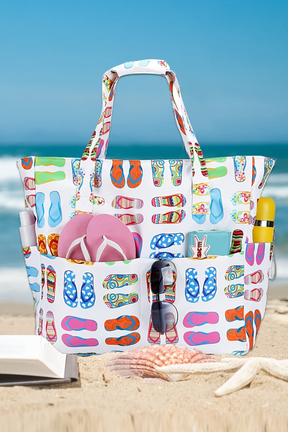 White Slippers Print Canvas Beach Tote Bag-Tote Bags-[Adult]-[Female]-2022 Online Blue Zone Planet