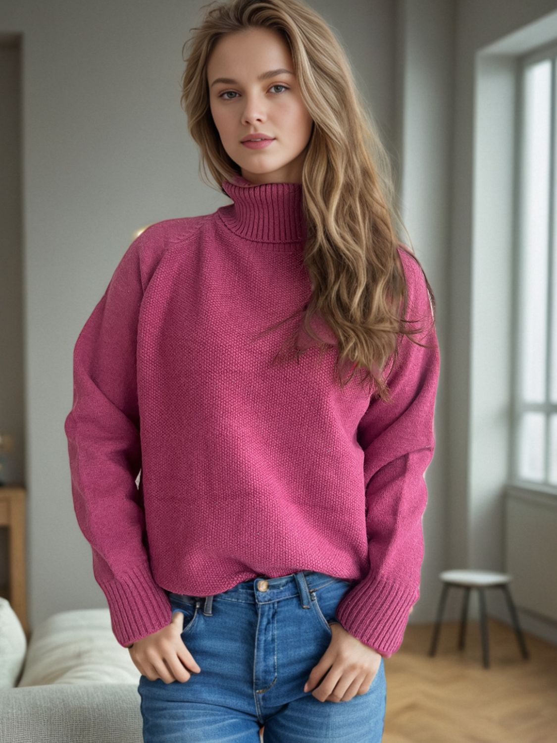 Blue Zone Planet | Ribbed Turtleneck Raglan Sleeve Sweater-TOPS / DRESSES-[Adult]-[Female]-2022 Online Blue Zone Planet