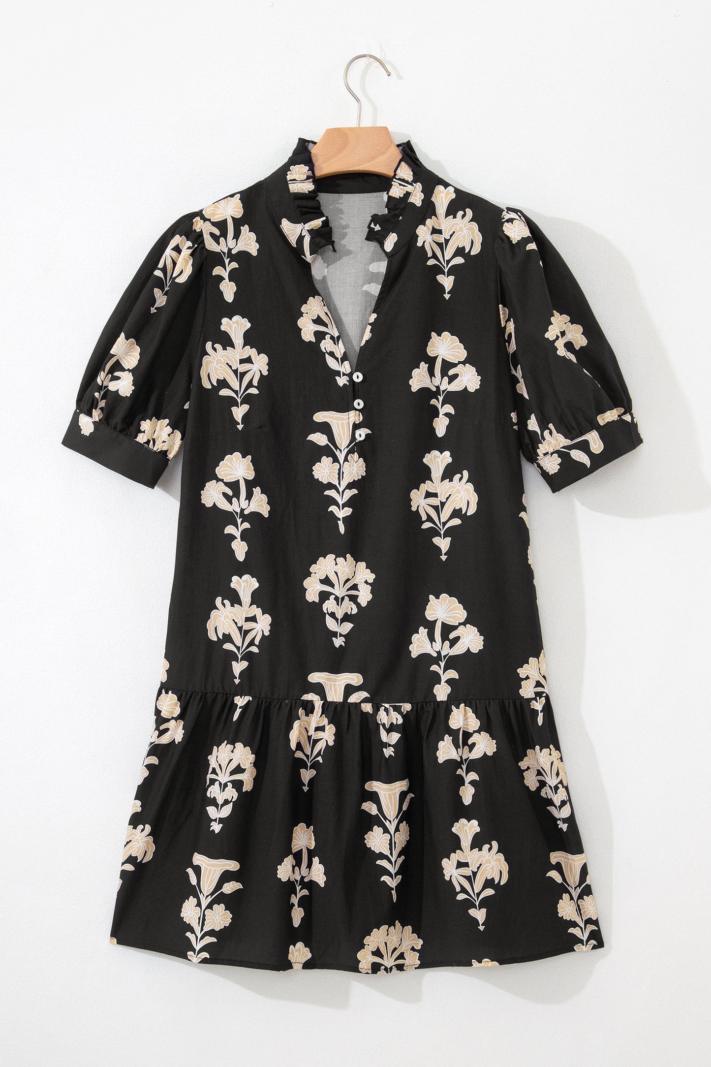 Black Frilled V Neck Puff Short Sleeve Floral Mini Dress-TOPS / DRESSES-[Adult]-[Female]-2022 Online Blue Zone Planet