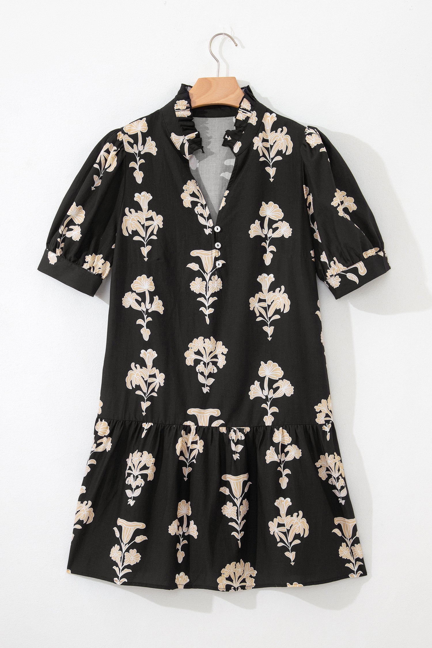 Black Frilled V Neck Puff Short Sleeve Floral Mini Dress-TOPS / DRESSES-[Adult]-[Female]-2022 Online Blue Zone Planet