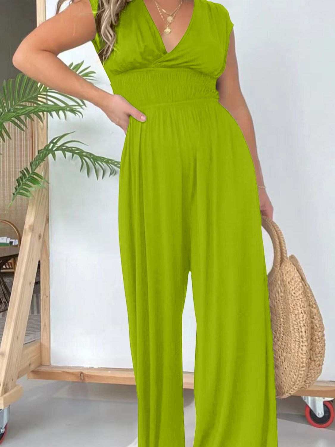 Smocked Cap Sleeve Wide Leg Jumpsuit-TOPS / DRESSES-[Adult]-[Female]-2022 Online Blue Zone Planet