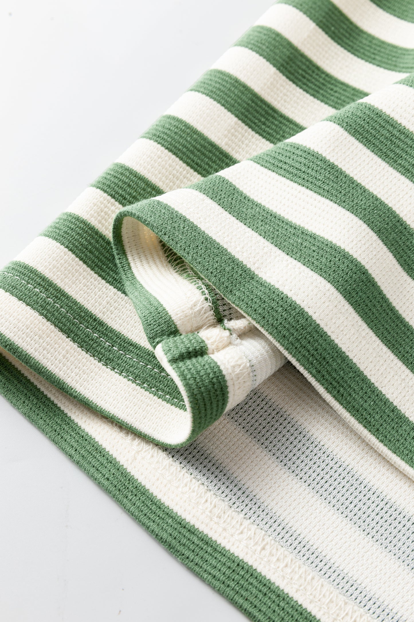 Green Stripe Short Puff Sleeve Contrast Trim Round Neck Tee-Tops/Tops & Tees-[Adult]-[Female]-2022 Online Blue Zone Planet