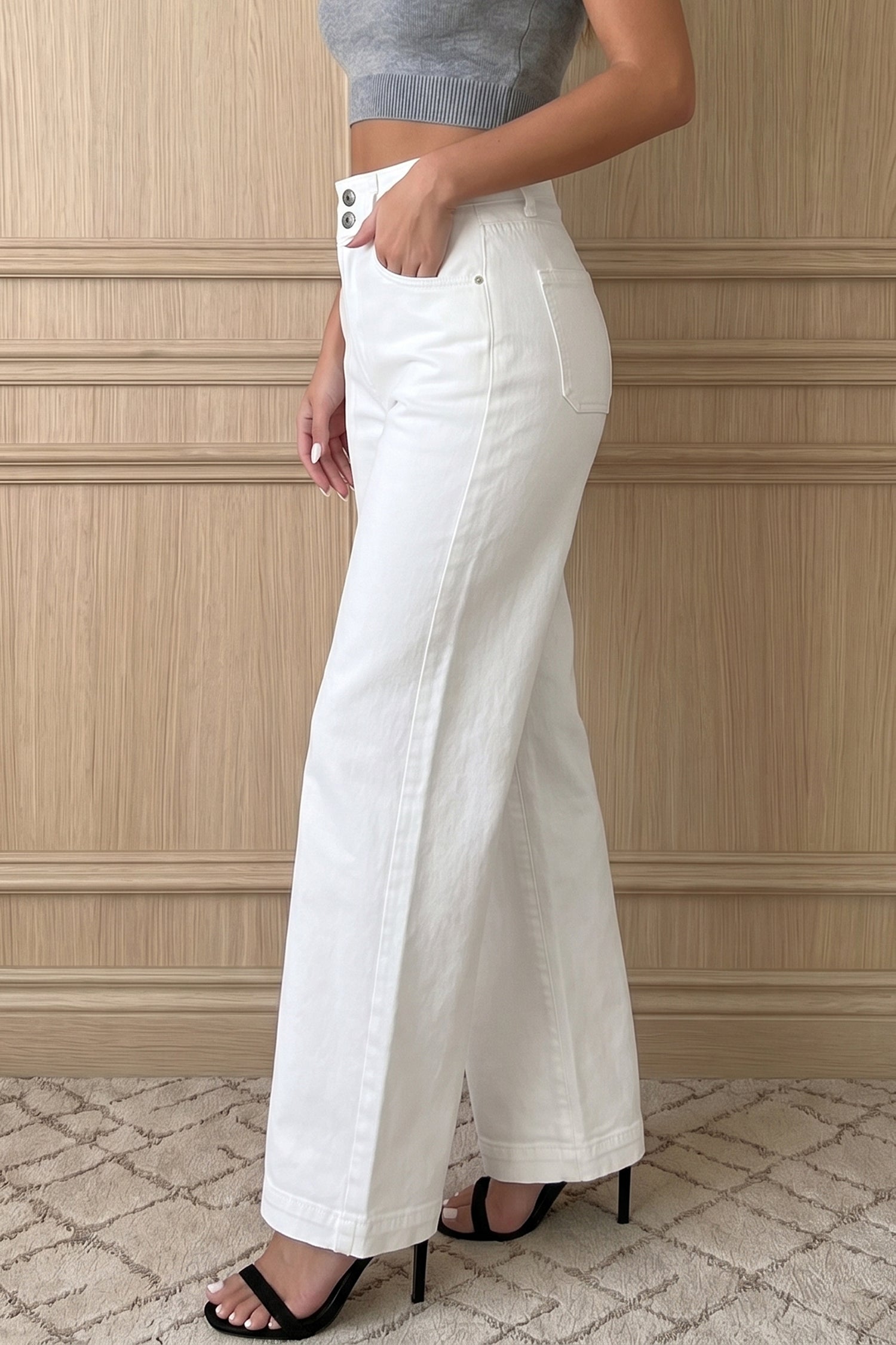 White 2-Button High Waist Wide Leg Jeans-Bottoms/Jeans-[Adult]-[Female]-2022 Online Blue Zone Planet