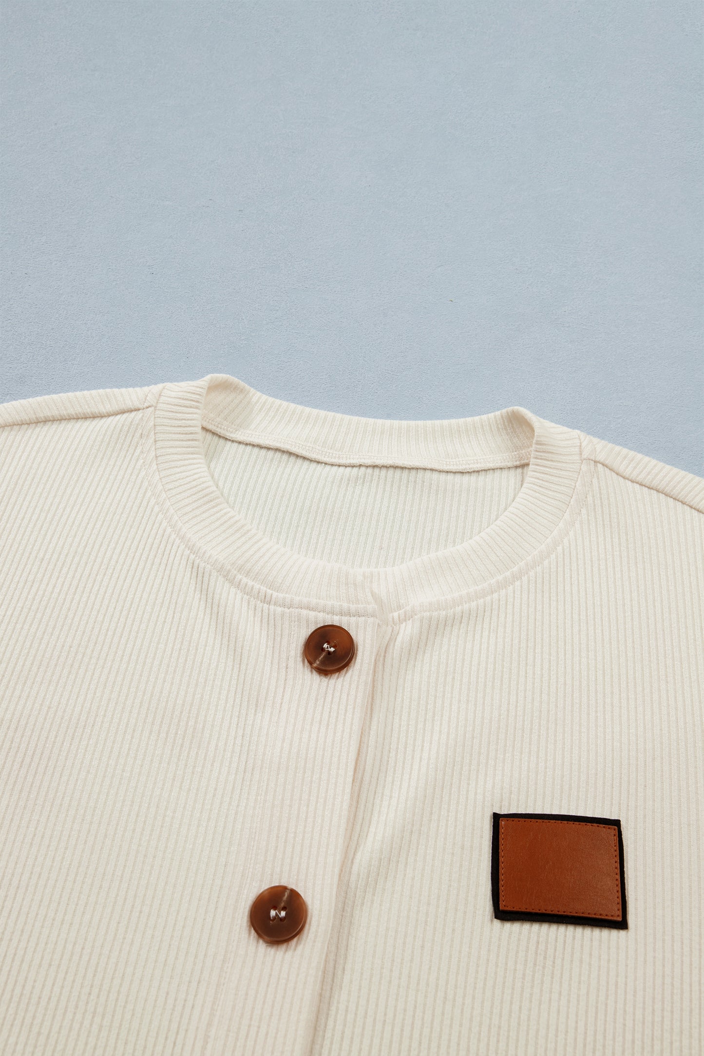 Beige Denim Patchwork Short Sleeve Ribbed Shirt-Tops/Blouses & Shirts-[Adult]-[Female]-2022 Online Blue Zone Planet