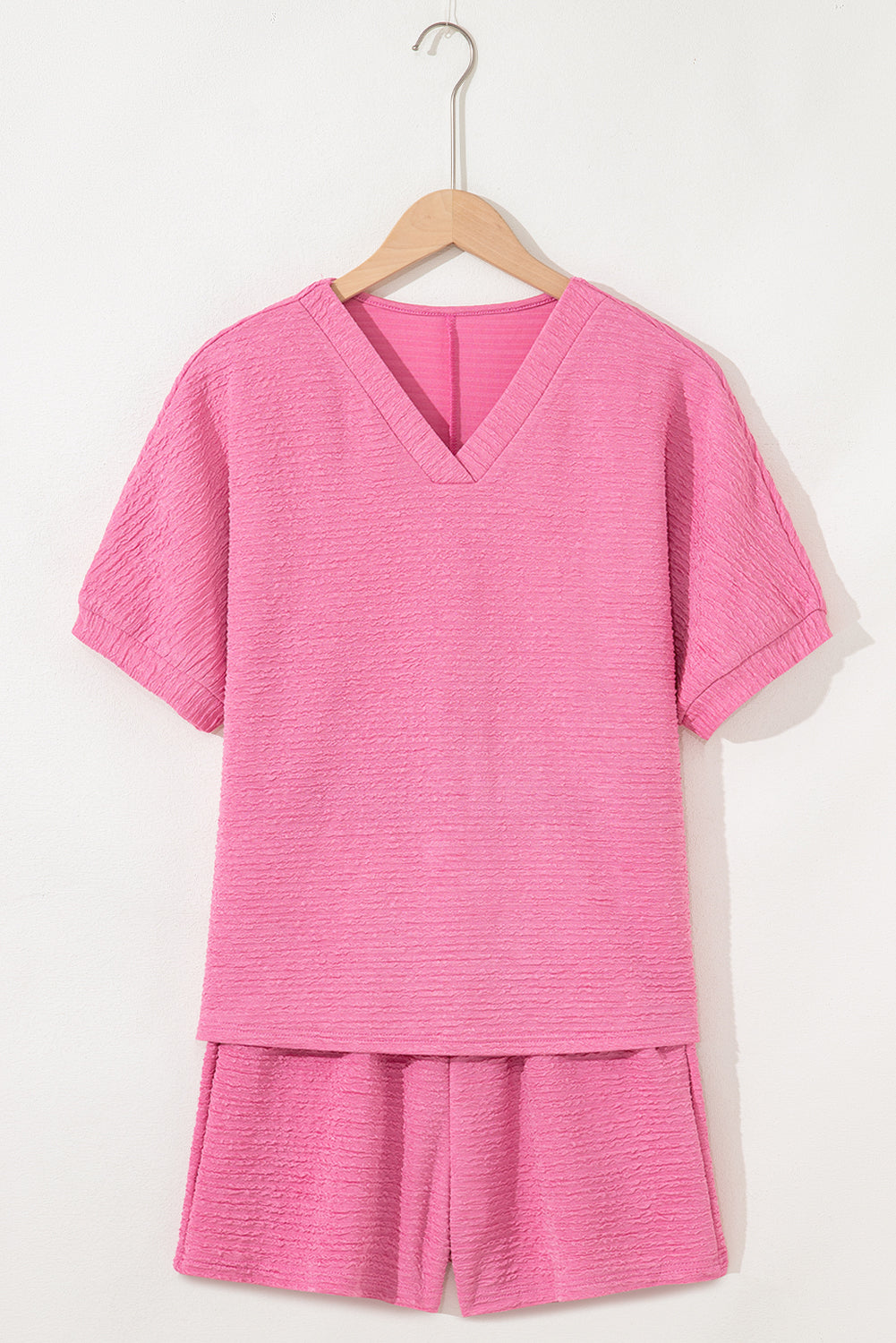 Pink Textured V Neck T Shirt And Shorts Set-Two Piece Sets/Short Sets-[Adult]-[Female]-2022 Online Blue Zone Planet