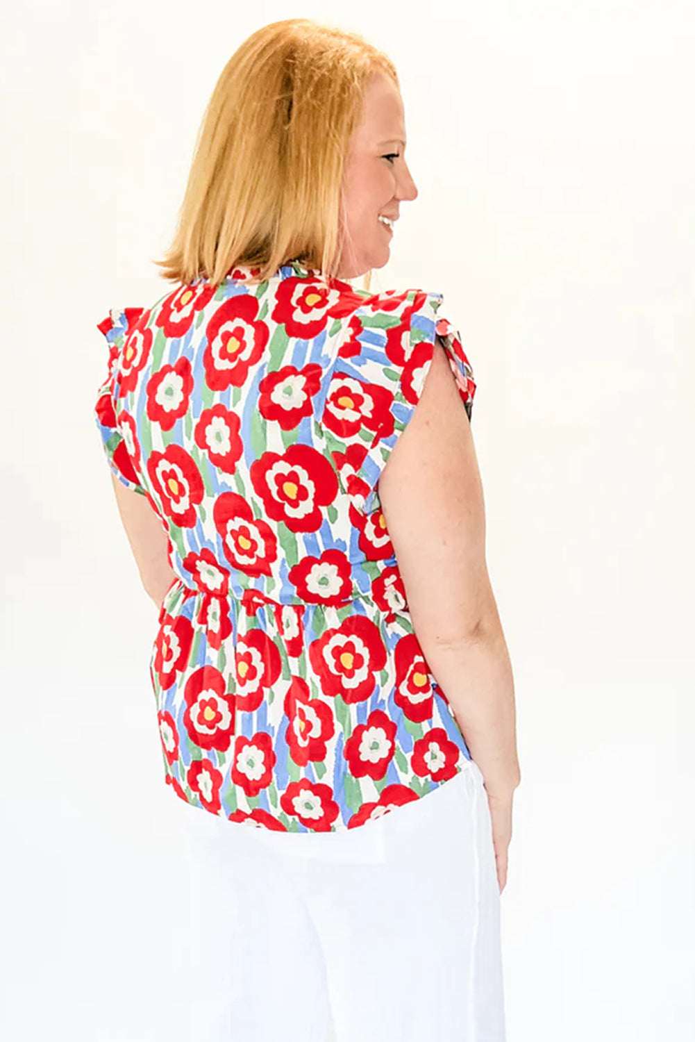 Red Plus Size Floral Print Ruffle Trim Split Neck Peplum Top-Plus Size/Plus Size Tops/Plus Size Blouses & Shirts-[Adult]-[Female]-2022 Online Blue Zone Planet