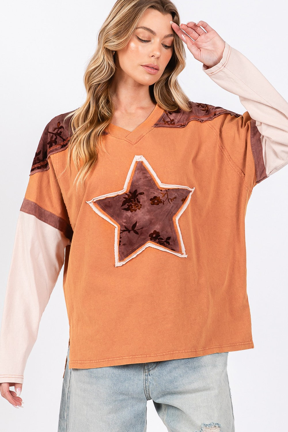 SAGE + FIG Star Patch Long Sleeve Color Block T-Shirt-TOPS / DRESSES-[Adult]-[Female]-2022 Online Blue Zone Planet