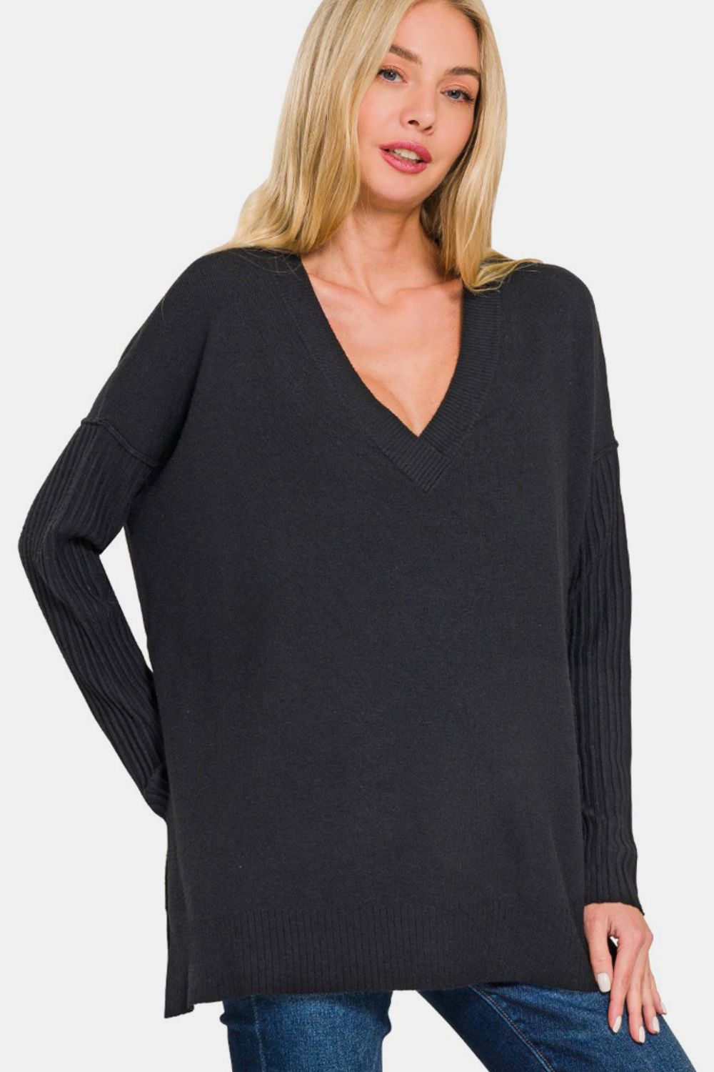 Zenana V-Neck Side Slit High-Low Sweater-TOPS / DRESSES-[Adult]-[Female]-Black-S/M-2022 Online Blue Zone Planet