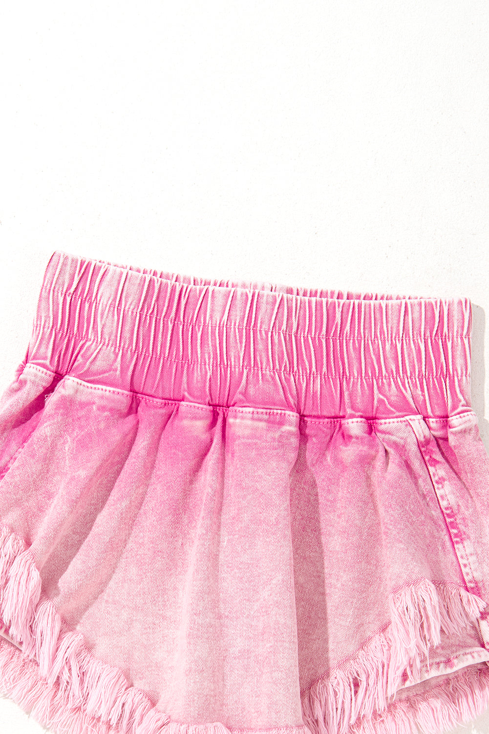 Pink Washed Wide Smocked Waistband Frayed Denim Shorts-Bottoms/Denim Shorts-[Adult]-[Female]-2022 Online Blue Zone Planet