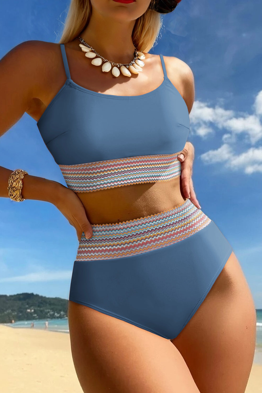 Dusk Blue Colorful Stitch Border Detail 2pcs High Waist Bikini Swimsuit-Swimwear/Bikinis-[Adult]-[Female]-Dusk Blue-S-2022 Online Blue Zone Planet