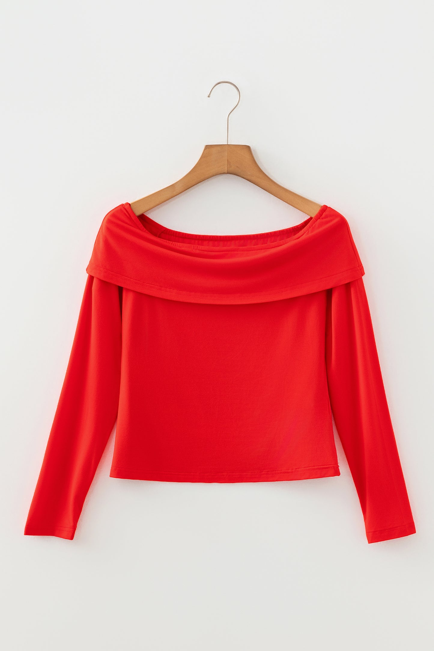 Fiery Red Foldover Off Shoulder Long Sleeve Slim Top-Tops/Long Sleeve Tops-[Adult]-[Female]-2022 Online Blue Zone Planet