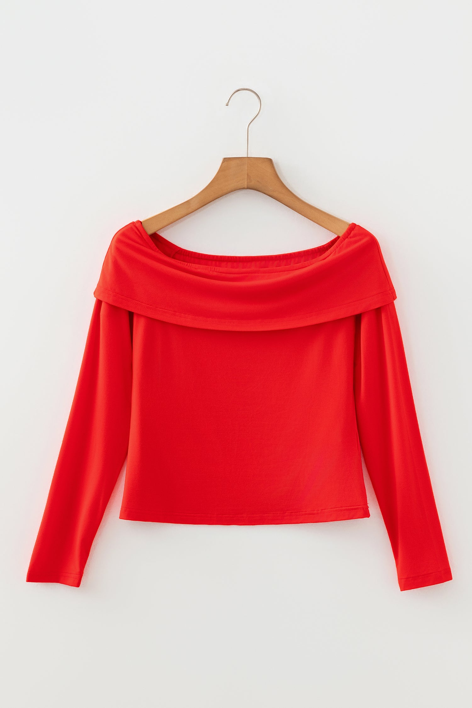 Fiery Red Foldover Off Shoulder Long Sleeve Slim Top-Tops/Long Sleeve Tops-[Adult]-[Female]-2022 Online Blue Zone Planet
