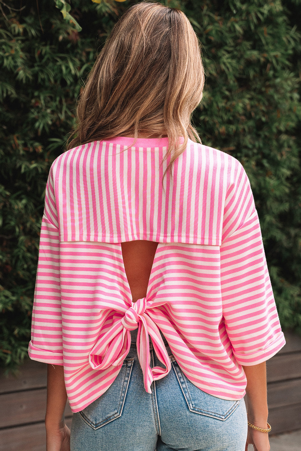 Pink Stripe Bowknot Cutout Back Drop Shoulder Wide Bracelet Sleeve Loose Tee-Tops/Tops & Tees-[Adult]-[Female]-2022 Online Blue Zone Planet