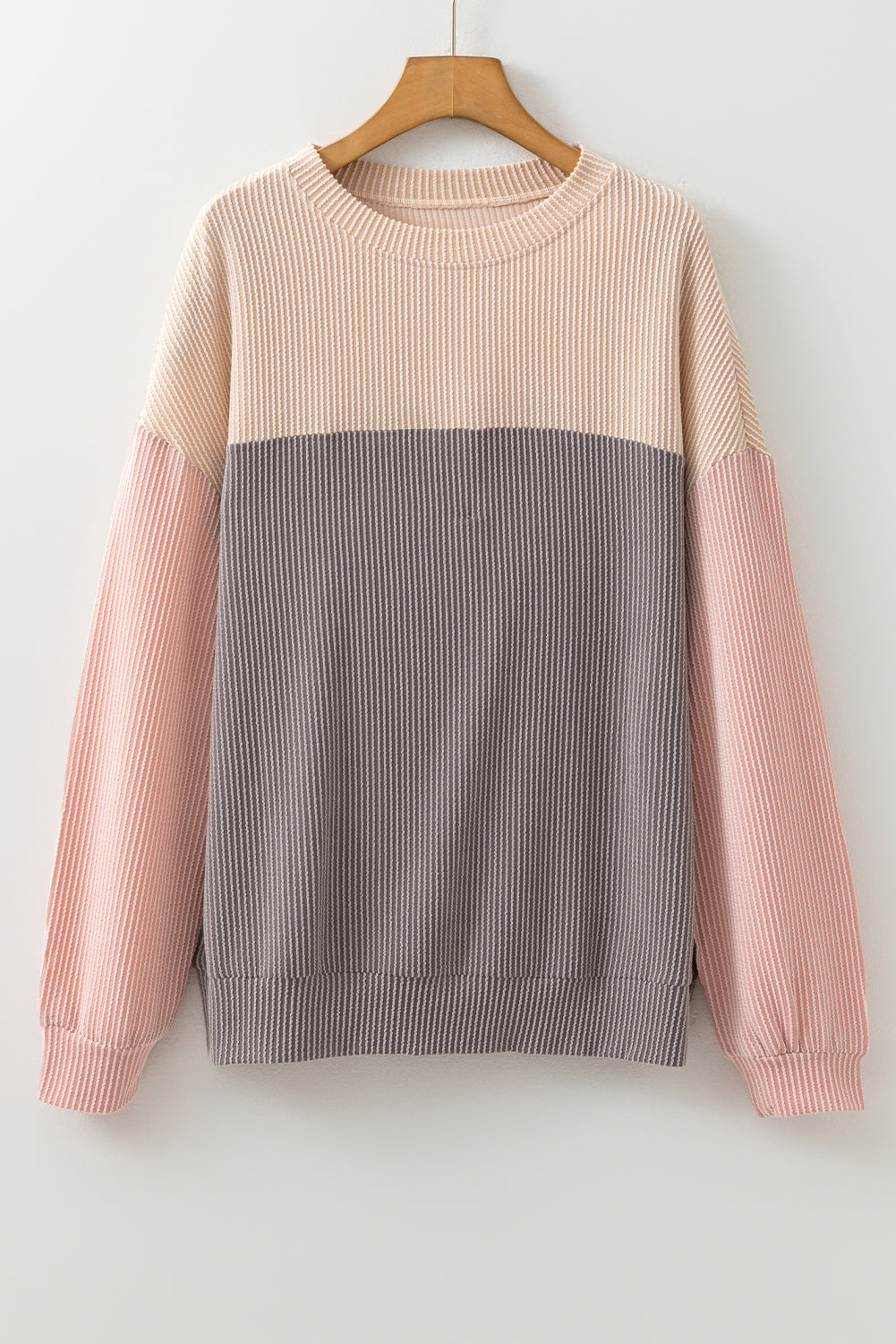 Multicolor Color Block Long Sleeve Ribbed Loose Top-Tops/Long Sleeve Tops-[Adult]-[Female]-2022 Online Blue Zone Planet