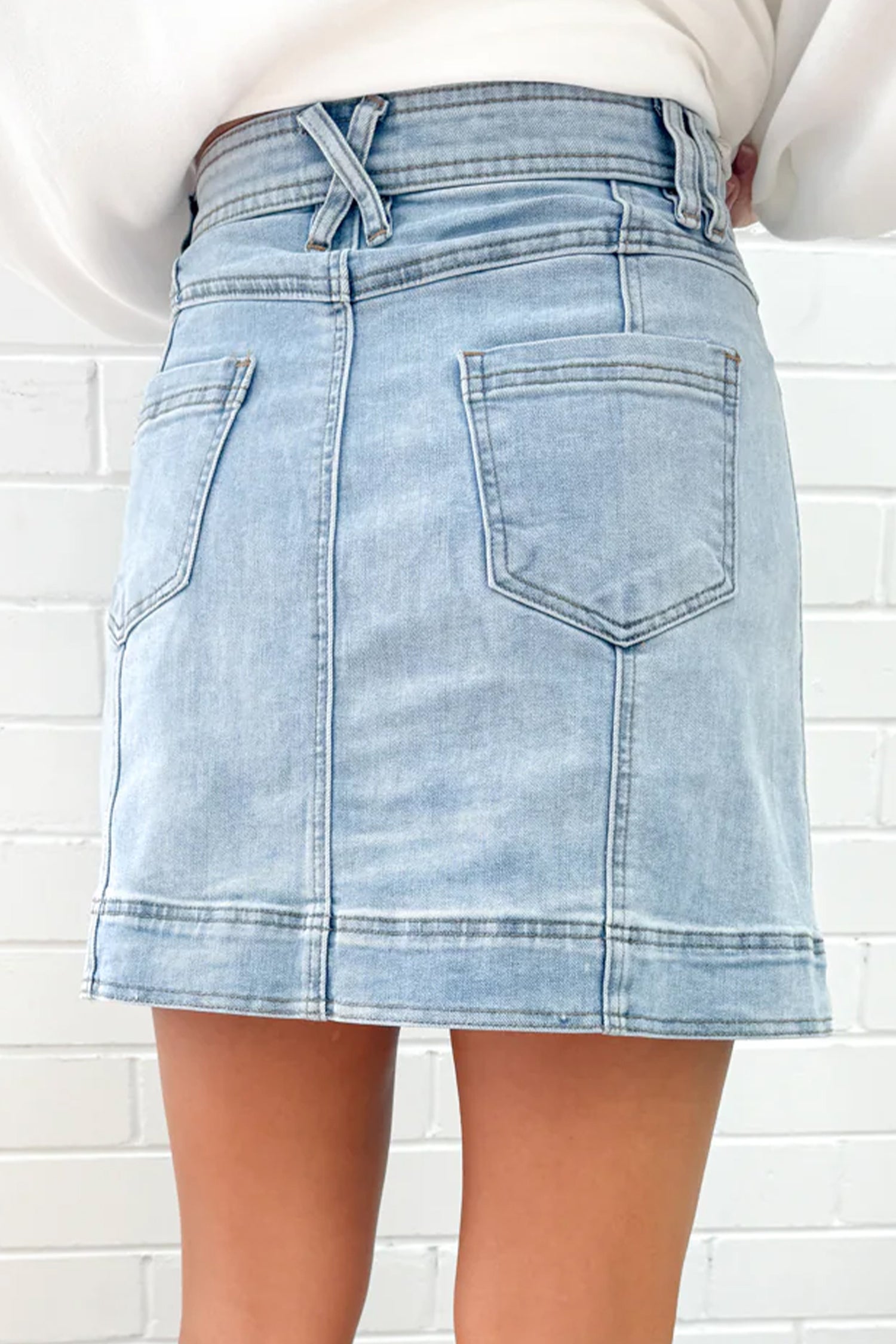 Beau Blue Exposed Seam Detail A-line Denim Mini Skirt with Pockets-Bottoms/Skirts & Petticoat-[Adult]-[Female]-2022 Online Blue Zone Planet