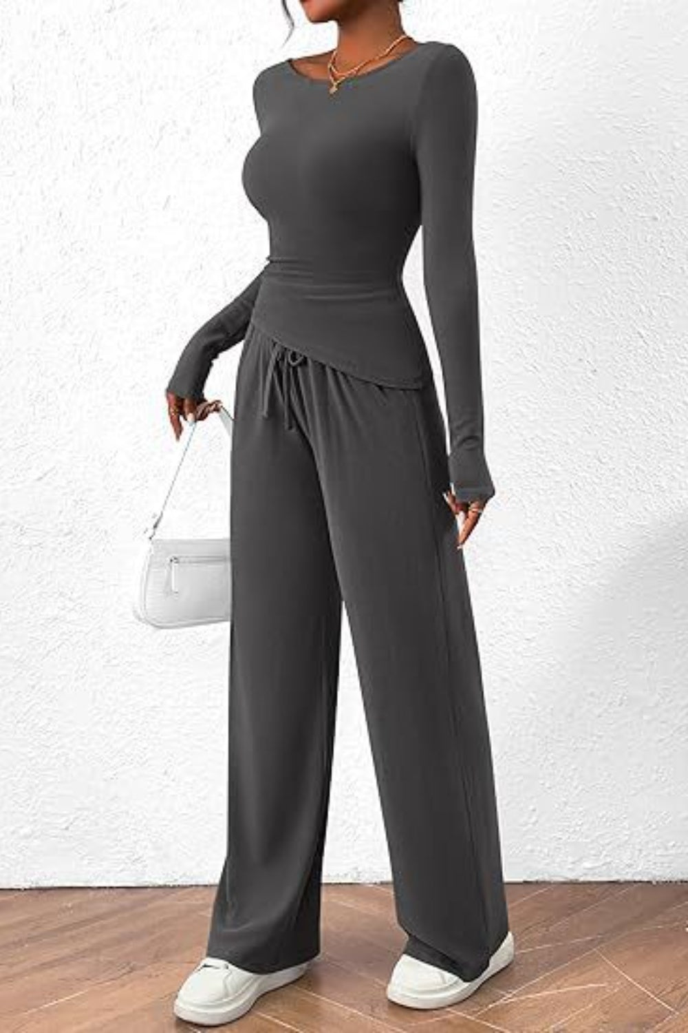 Round Neck Long Sleeve Top and Pants Set-TOPS / DRESSES-[Adult]-[Female]-Dark Gray-XS-2022 Online Blue Zone Planet