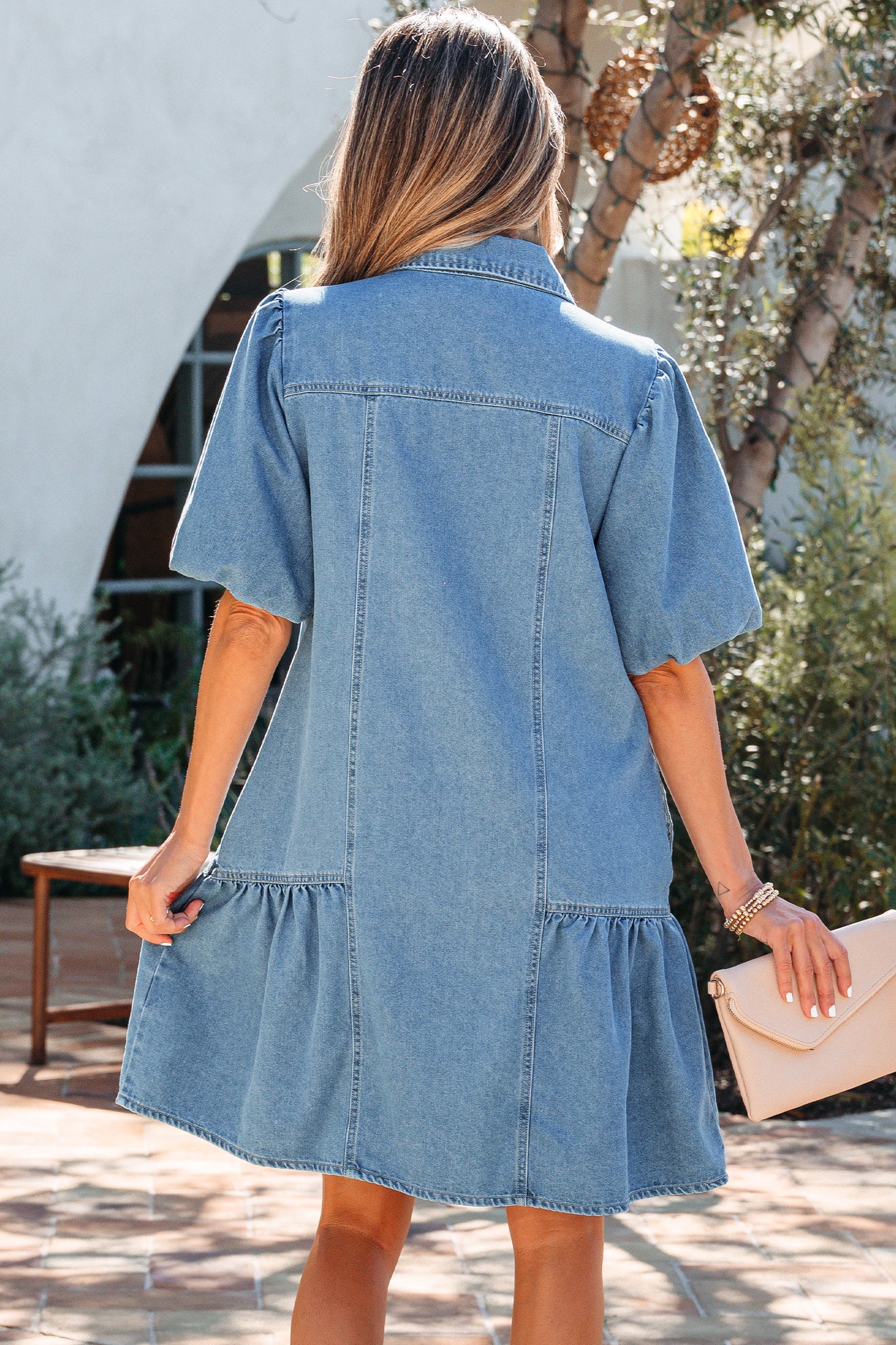 Beau Blue Button Down Short Puff Sleeve Ruffle Hem Patchwork Denim Dress-TOPS / DRESSES-[Adult]-[Female]-2022 Online Blue Zone Planet