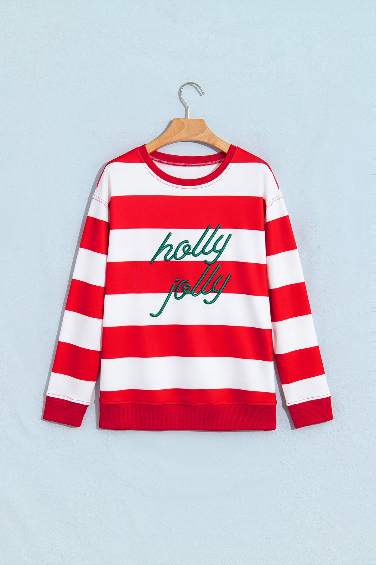 Red Stripe holly jolly Letter Embroidered Pullover Sweatshirt-Tops/Sweatshirts & Hoodies-[Adult]-[Female]-2022 Online Blue Zone Planet