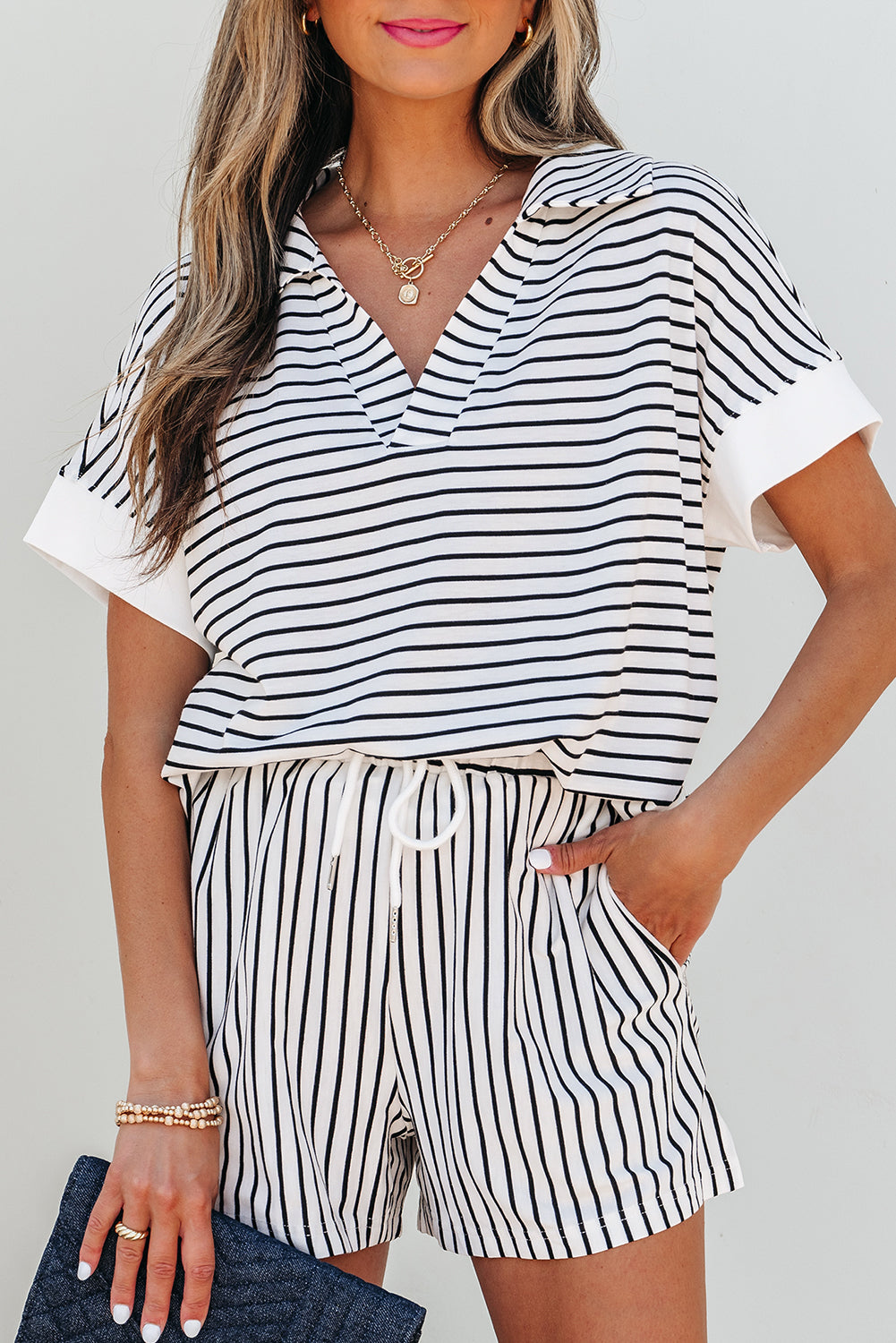 Black Stripe V Neck Tee and Casual Short Set-Two Piece Sets/Short Sets-[Adult]-[Female]-2022 Online Blue Zone Planet