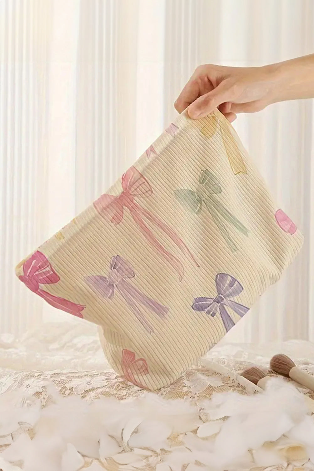 Beige Bow Print Corduroy Makeup Bag-Bags-[Adult]-[Female]-Beige-ONE SIZE-2022 Online Blue Zone Planet