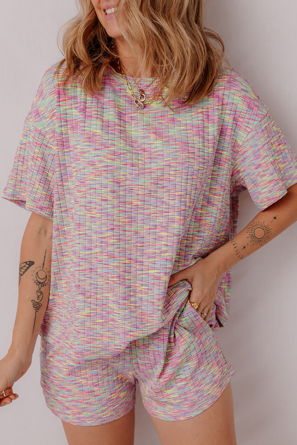 Multicolour Printed Ribbed Knit T Shirt and Shorts Lounge Set-Loungewear & Sleepwear/Loungewear-[Adult]-[Female]-2022 Online Blue Zone Planet