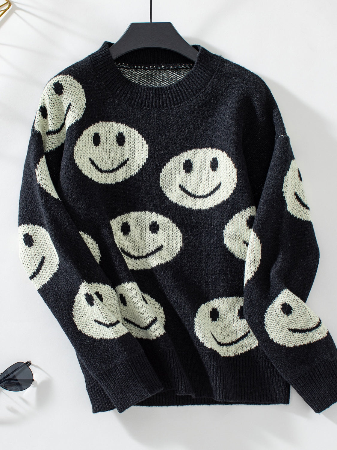 Smile Pattern Round Neck Long Sleeve Sweater-TOPS / DRESSES-[Adult]-[Female]-Black-S-2022 Online Blue Zone Planet