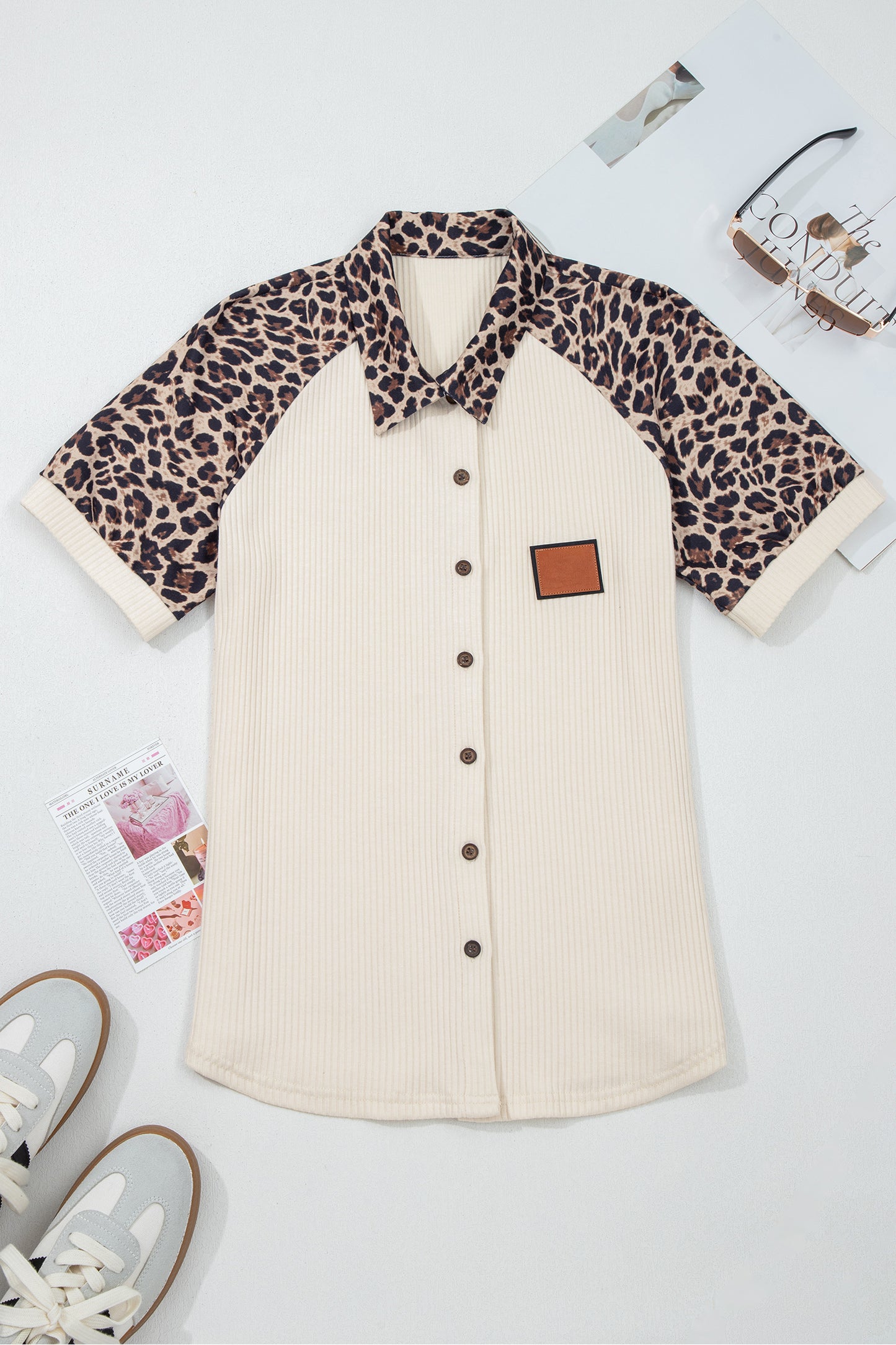 White Ribbed Texture Button Down Leopard Patchwork Short Sleeve Shirt-Tops/Blouses & Shirts-[Adult]-[Female]-2022 Online Blue Zone Planet