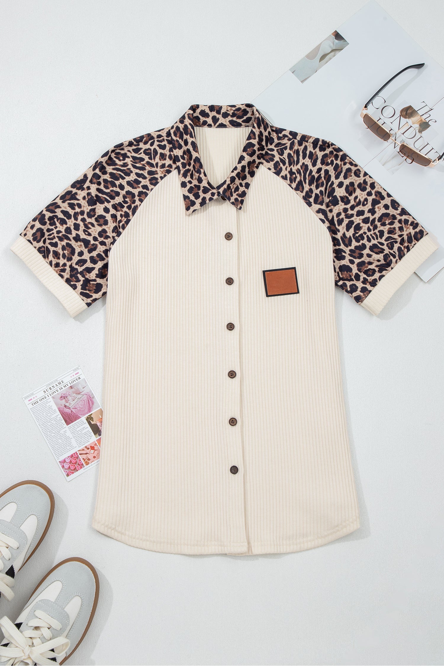 White Ribbed Texture Button Down Leopard Patchwork Short Sleeve Shirt-Tops/Blouses & Shirts-[Adult]-[Female]-2022 Online Blue Zone Planet