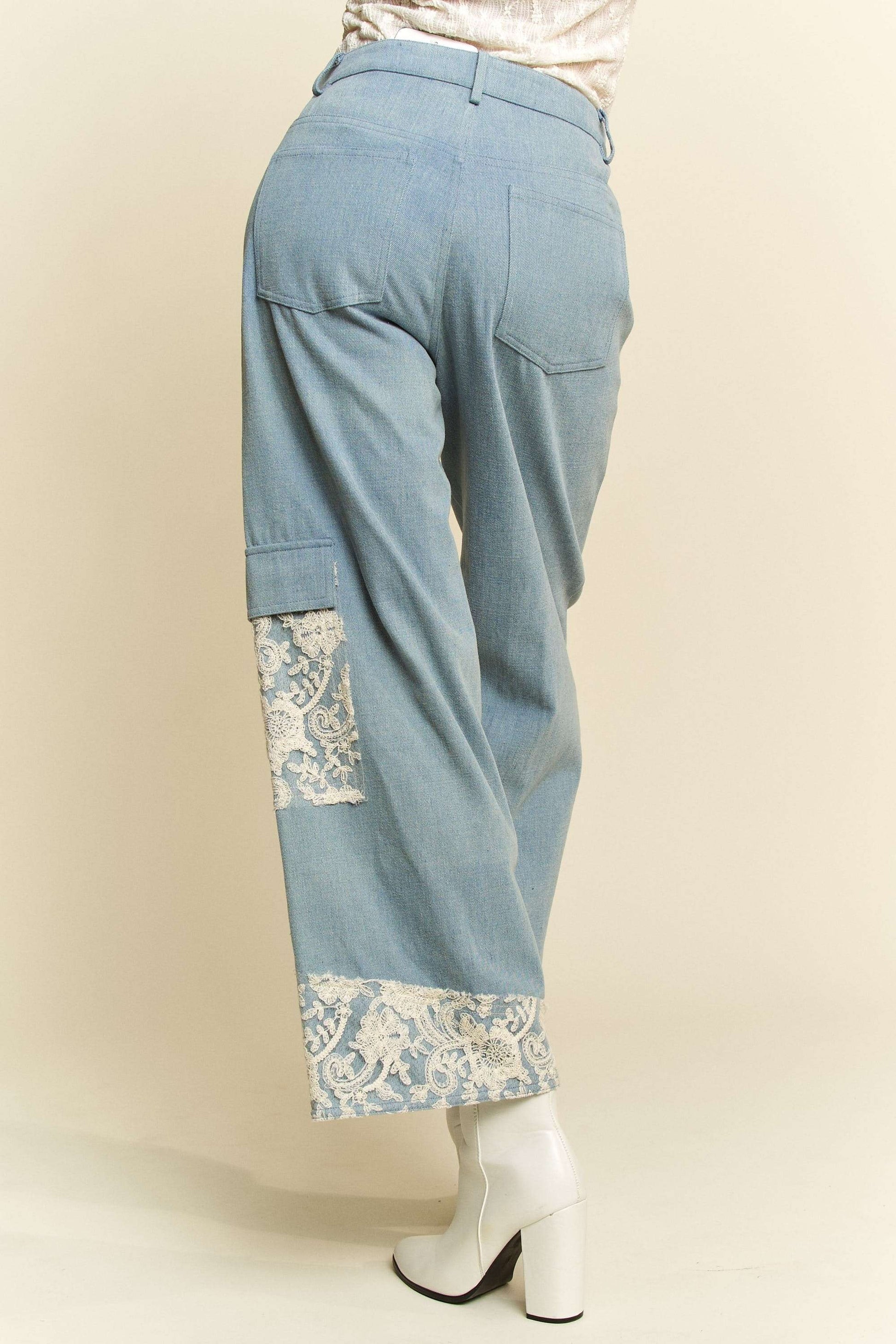 Davi & Dani Lace Applique Wide Leg Jeans-BOTTOMS-[Adult]-[Female]-2022 Online Blue Zone Planet