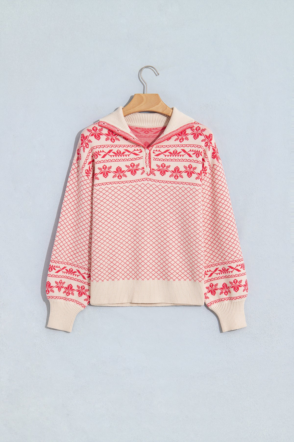 Sachet Pink Cozy Abstract Print Button Stand Neck Casual Sweater-TOPS / DRESSES-[Adult]-[Female]-2022 Online Blue Zone Planet