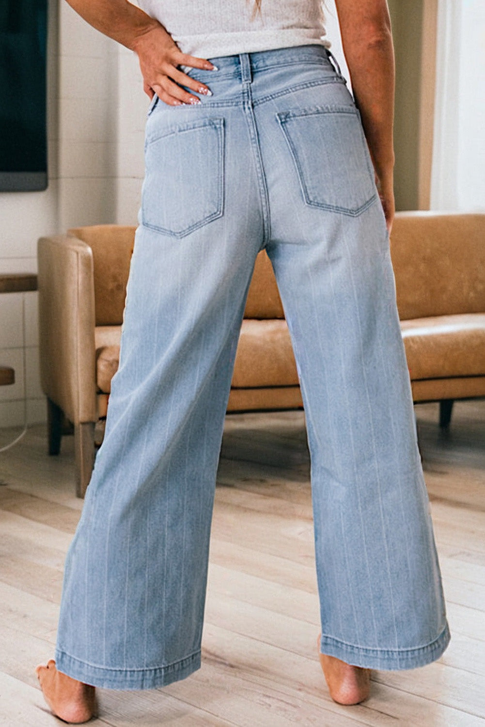 Beau Blue Multi Buttons Pinstripe Wide Leg Jeans-Bottoms/Jeans-[Adult]-[Female]-2022 Online Blue Zone Planet
