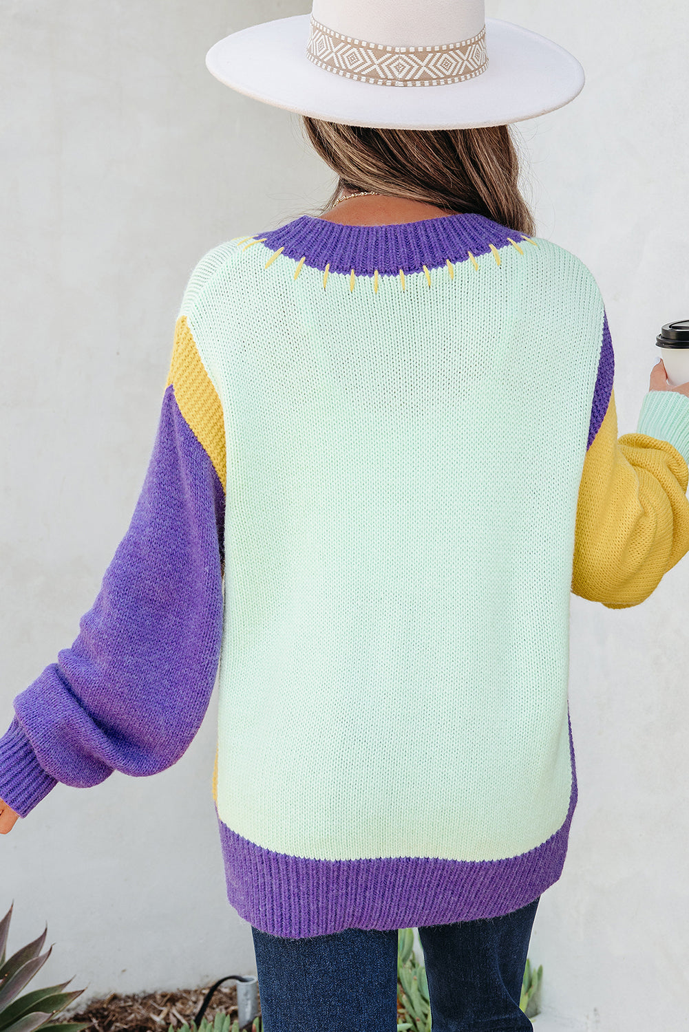 Green Stitched V Neck Color Block Knitted Drop Shoulder Sweater-TOPS / DRESSES-[Adult]-[Female]-2022 Online Blue Zone Planet
