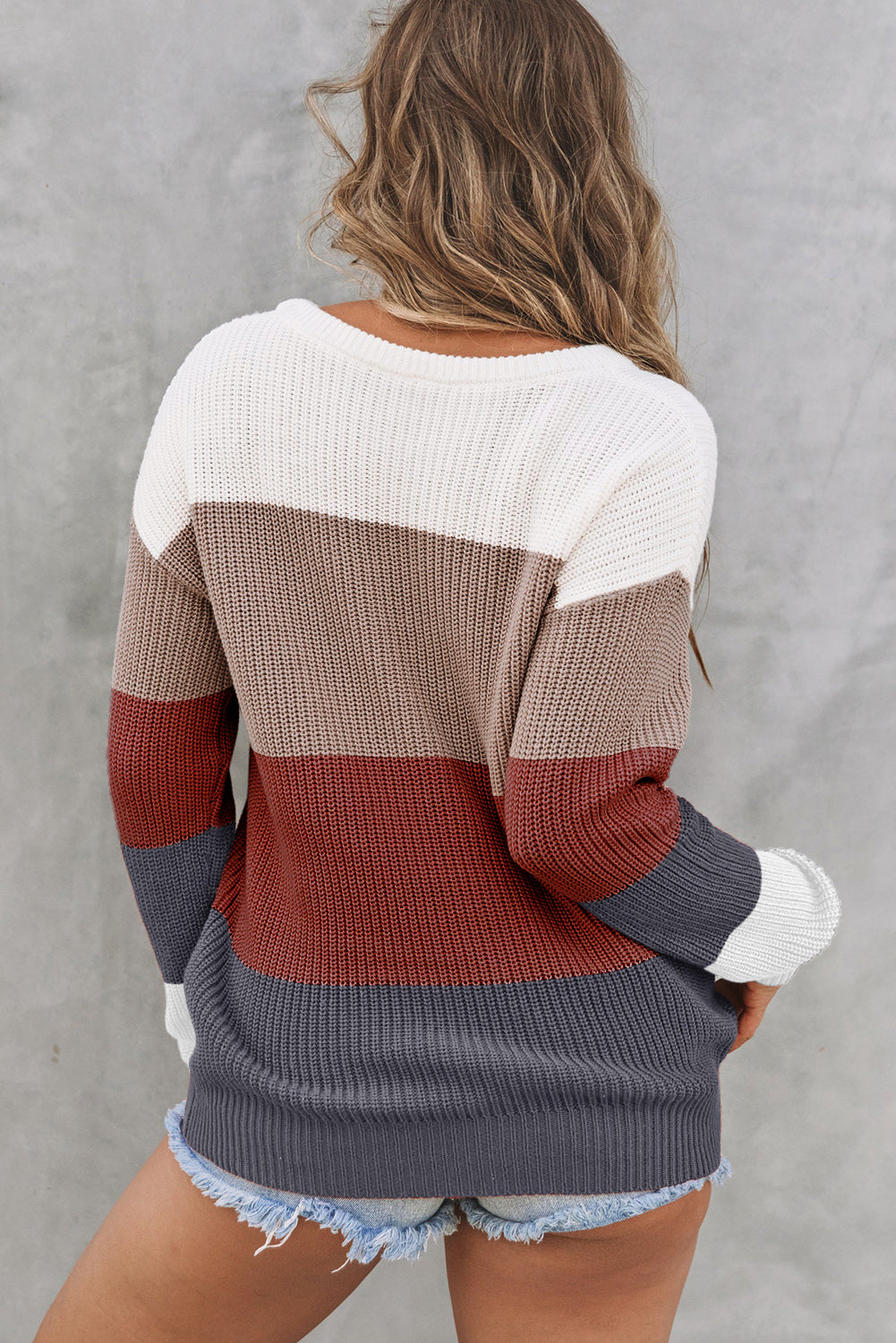 Chestnut Color Block Knitted O-neck Pullover Sweater-Sale (50% OFF)/30% OFF-[Adult]-[Female]-2022 Online Blue Zone Planet
