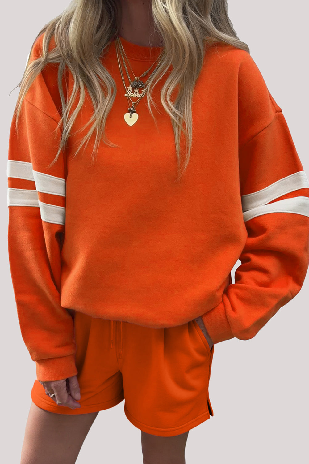 Orange Varsity Striped Sleeve Drop Shoulder Sweatshirt and Short Set-Two Piece Sets/Short Sets-[Adult]-[Female]-Orange-S-2022 Online Blue Zone Planet