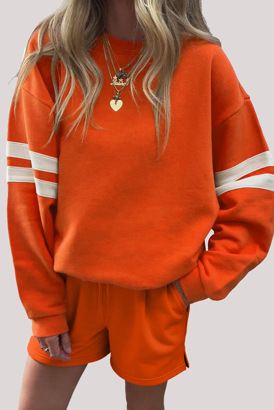 Orange Varsity Striped Sleeve Drop Shoulder Sweatshirt and Short Set-Two Piece Sets/Short Sets-[Adult]-[Female]-Orange-S-2022 Online Blue Zone Planet