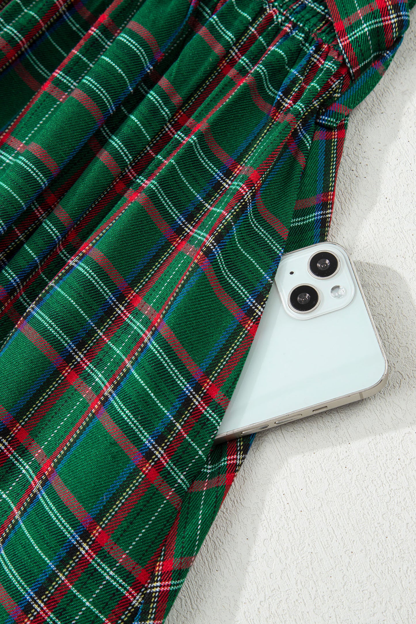 Green Tartan Plaid Square Neck Puff Sleeve Knot Waist Flared Midi Dress-TOPS / DRESSES-[Adult]-[Female]-2022 Online Blue Zone Planet