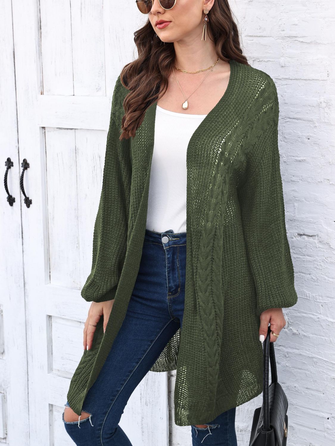 Cable-Knit Open Front Long Sleeve Cardigan-TOPS / DRESSES-[Adult]-[Female]-Army Green-One Size-2022 Online Blue Zone Planet