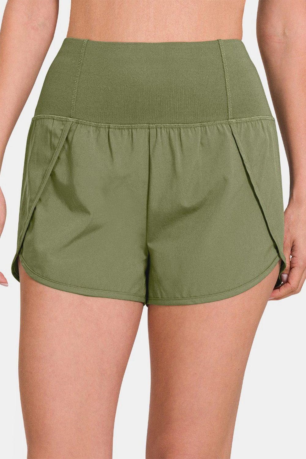 Zenana High-Waisted Zippered Back Pocket Active Shorts-BOTTOMS SIZES SMALL MEDIUM LARGE-[Adult]-[Female]-Lt Olive-S-2022 Online Blue Zone Planet