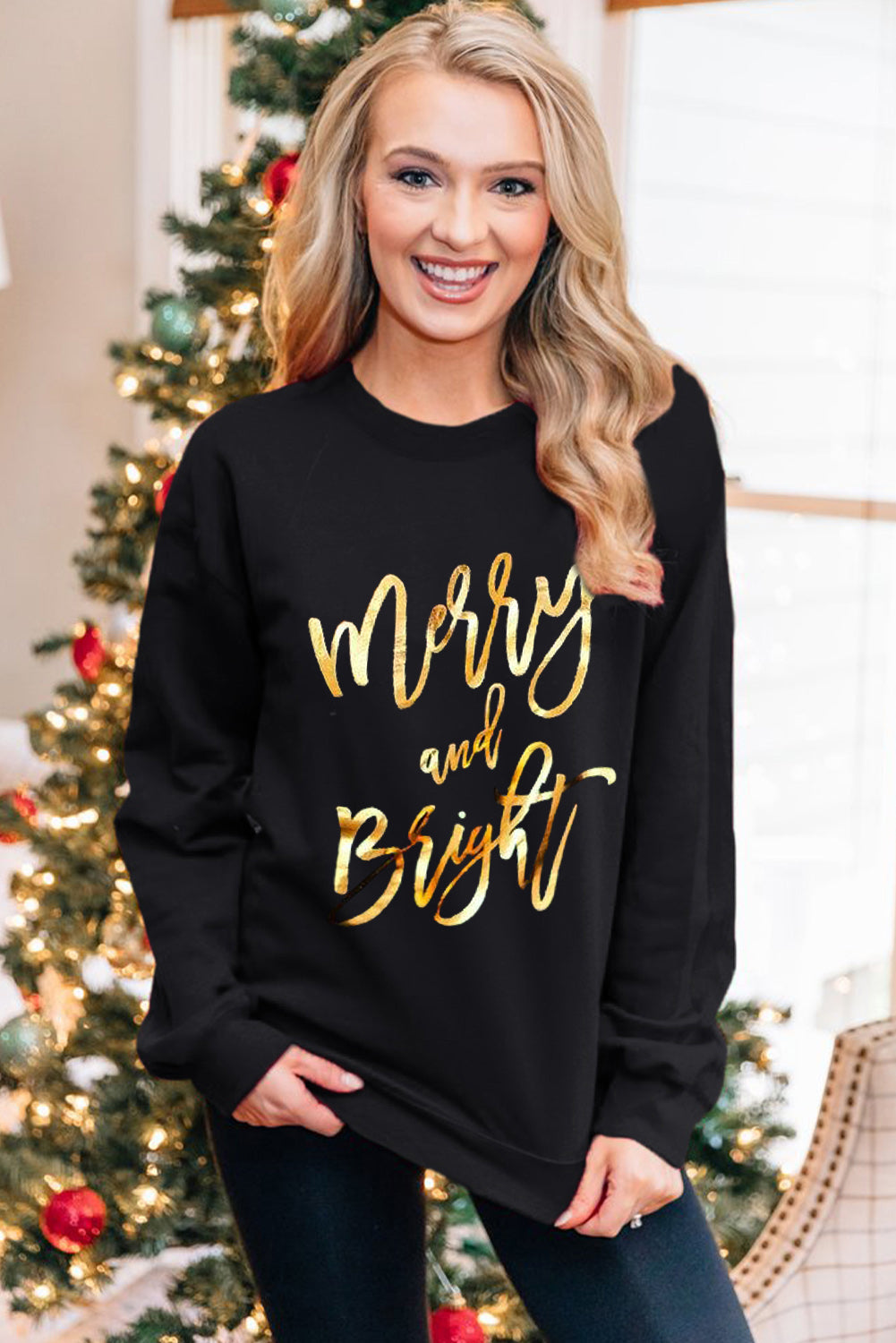 Black Merry & Bright Letter Print Pullover Sweatshirt-Graphic/Graphic Sweatshirts-[Adult]-[Female]-2022 Online Blue Zone Planet