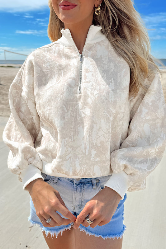 Khaki Camouflage Print Quarter-Zip Drop Shoulder Long Sleeve Sweatshirt-Tops/Sweatshirts & Hoodies-[Adult]-[Female]-Khaki-S-2022 Online Blue Zone Planet
