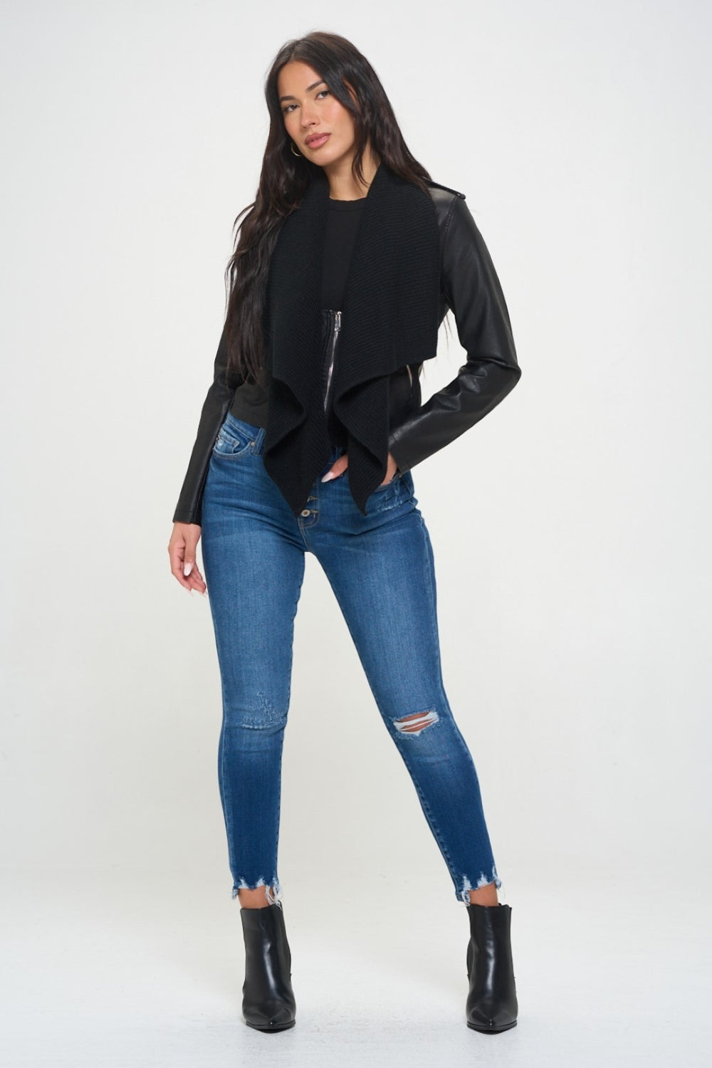 Coalition LA Knit Collared Faux Leather Crop Jacket-TOPS / DRESSES-[Adult]-[Female]-2022 Online Blue Zone Planet